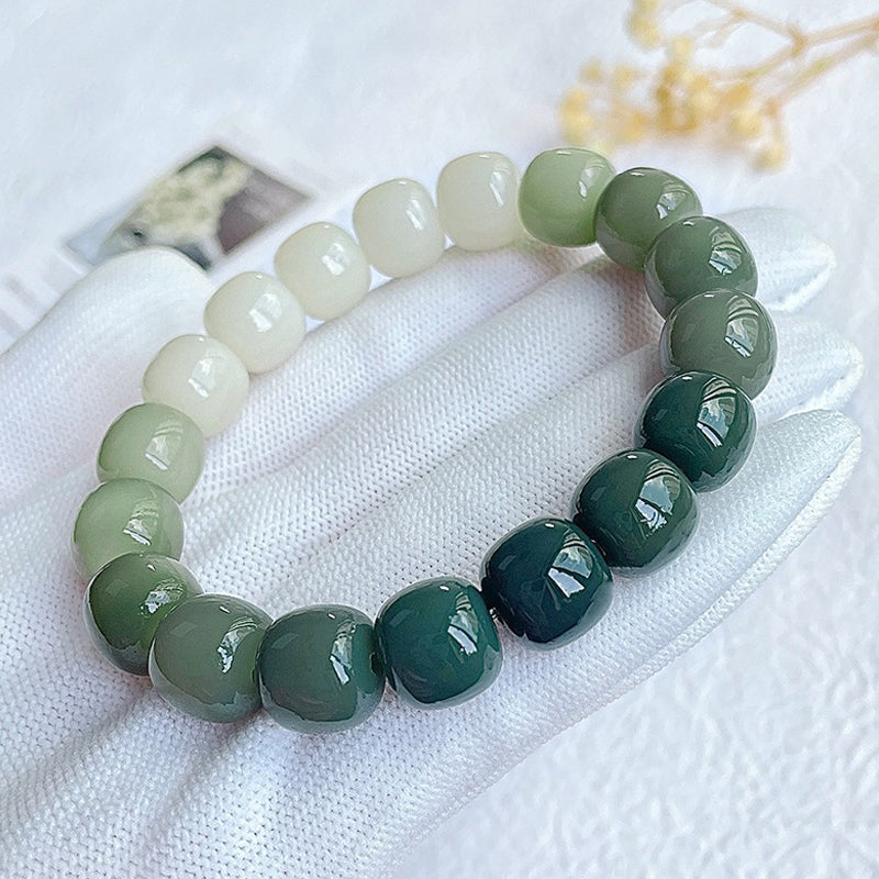 THEPUTI:Gradient Green Barrel Bead Bodhi Bracelet Front Showcase Picture